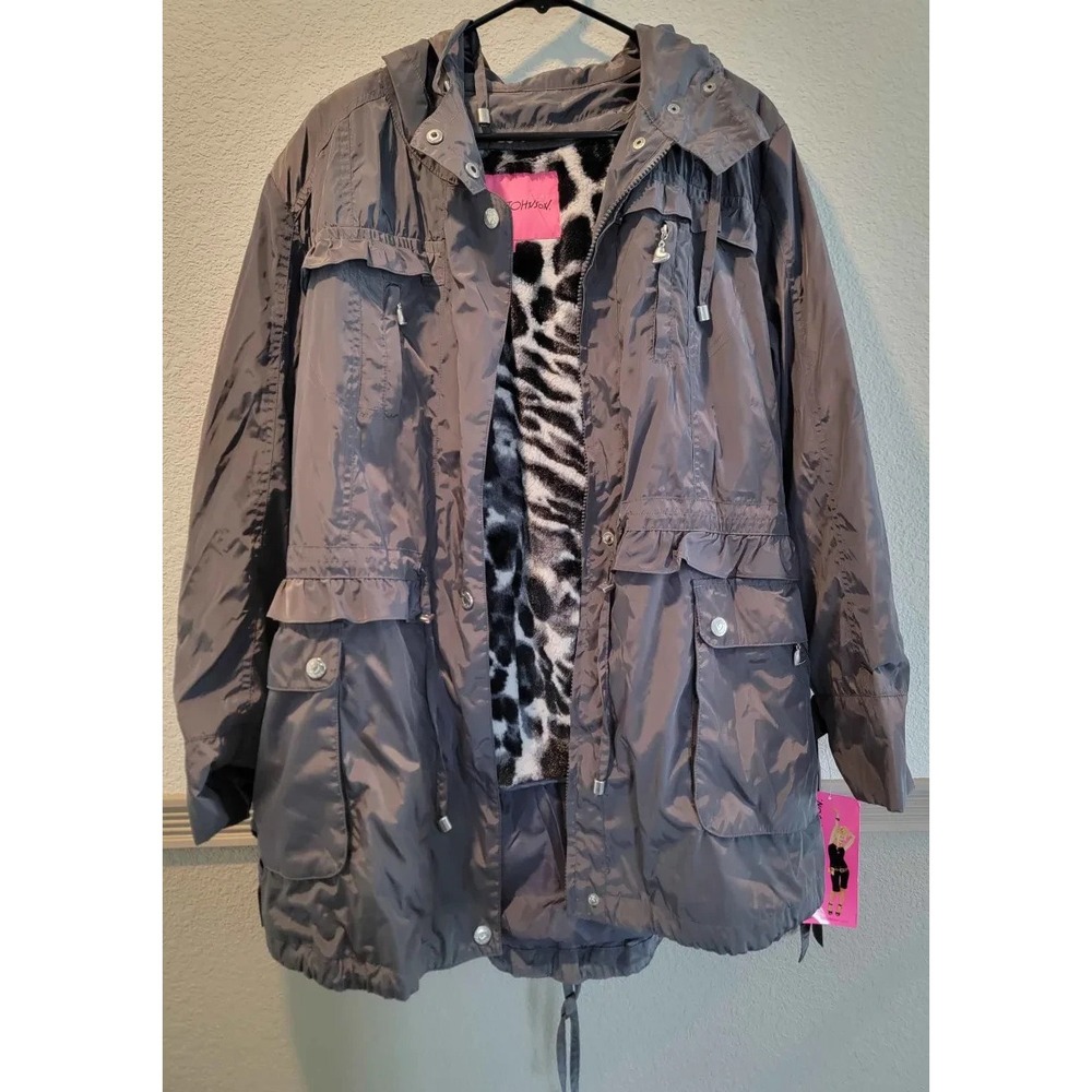 Betsey Johnson Rain Coat Womens L Gray Steel Ruffle Faux Fur NEW w/ Tags